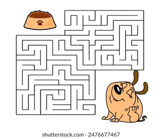 Children's educational maze with funny dogs and bones. Educational illustration for preschoolers, print, vector