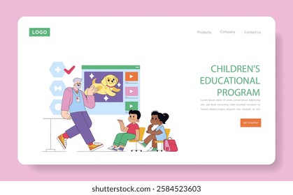 Children's Educational Program illustration. This engaging scene depicts a teacher presenting a video featuring a puppy to captivated children. The joyful atmosphere promotes learning through