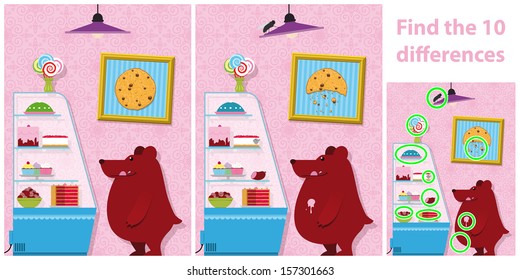 Childrens educational spot the difference puzzle of a bear with two versions of a vector illustration with 10 differences showing a bear standing buying cakes from a bakery display