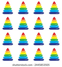 Pirámide de juguetes educativa para niños con anillos multicolores. Patrón sin costuras. 