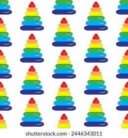 Childrens educational toy pyramid with multi colored rings. Seamless pattern. 