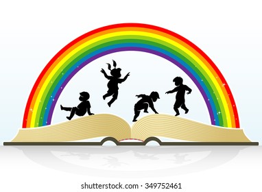 Children's Education-Cute kids silhouette at play on top of open book, traced from my hand drawn sketch