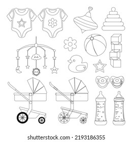 Children's elements set. Stroller, pacifier, bottle, sliders, cubes, top, pyramid. Vector illustration.