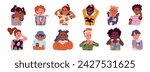 Childrens emotion expression bundle set isolated on white. Various characters, diversity, multi-ethnic group of cute kids. Hand drawn flat cartoon vector illustration