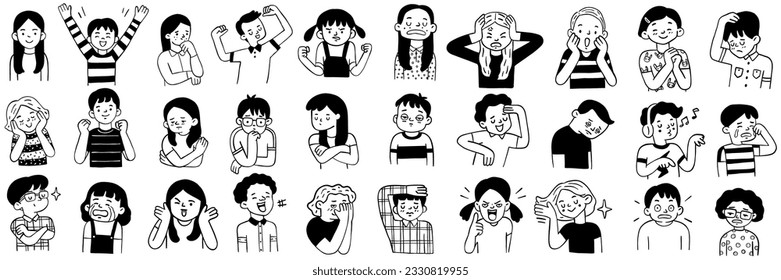 Children's emotion expression bundle set. Hand drawn, doodle illustration in black and white, ink style. Various character, diversity, multi-ethnic. Outline, linear, thin line art. 