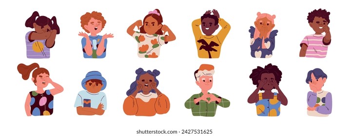 Conjunto de conjunto de expresión de emociones para niños aislado en blanco. Varios personajes, diversidad, grupo multiétnico de niños lindos. Dibujado a mano ilustración vectorial de dibujos animados plana