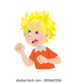 Children's emotions. Angry boy. In cartoon style. Isolated on white background. Vector flat illustration.
