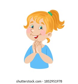 Children's emotions. Cute smiling girl with folded hands. Portrait in cartoon style. Isolated on white background. Vector flat illustration.