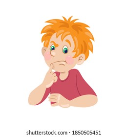 Children's emotions. Funny boy in confusion. In cartoon style. Isolated on white background. Vector flat illustration.