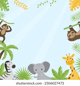 Childrens empty frame with the image of wild jungle animals - giraffe, elephant, zebra, rhinoceros, toucan, monkey, sloth, lion, crocodile. Flat vector illustrations for children on a blue background.