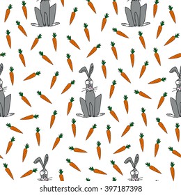 Children's endless pattern with rabbits and carrots Doodle style. Seamless texture