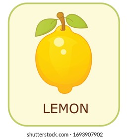 Children`s english word card. An isolated vector cartoon lemon. Learning activity.