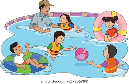 Children's enjoying summers in the swimming pool wearing swim rings