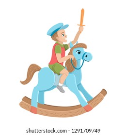 Children's entertainment. The boy plays cowboy on a horse. Wooden sword and horse. Rider in kindergarten or at home. Vector Isolated Character