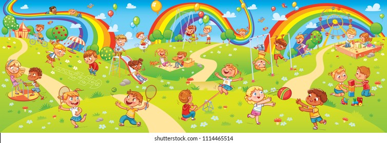 Children's entertainment complex with swing, sandbox, carousel and slides in recreation park. Children playing in playground. Kids zone. Place for games. Funny cartoon characters. Vector illustration