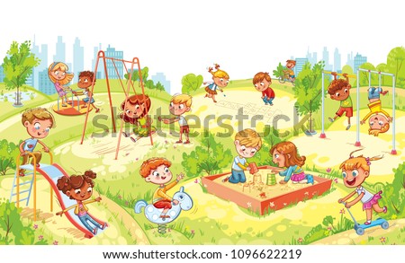 Children's entertainment complex with swing, sandbox, carousel and slides in recreation park. Children playing in playground. Kids zone. Place for games. Funny cartoon characters. Vector illustration