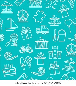 Children's entertainment and leisure, background, seamless, contour, blue-green. Vector background with objects for the entertainment of children. Linear white image on a blue-green field. 