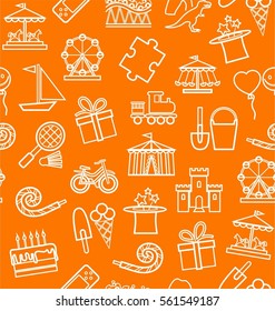 Children's entertainment and leisure, background, seamless, contour, orange. Vector background with objects for the entertainment of children. White linear image on the orange box.  