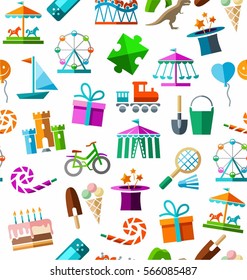 Children's entertainment and leisure, background, seamless, color, white. Vector background with objects for the entertainment of children. Colored images on a white field. 