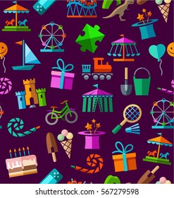 Children's entertainment and leisure, seamless background, color, dark purple. Vector background with objects for the entertainment of children. Colored image on a dark purple field. 