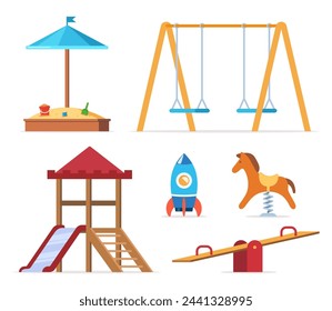 Children's entertainment playground elements. Slide, benches, a sandbox, a swing and a recreation park, toys. Place children games. Vector illustration