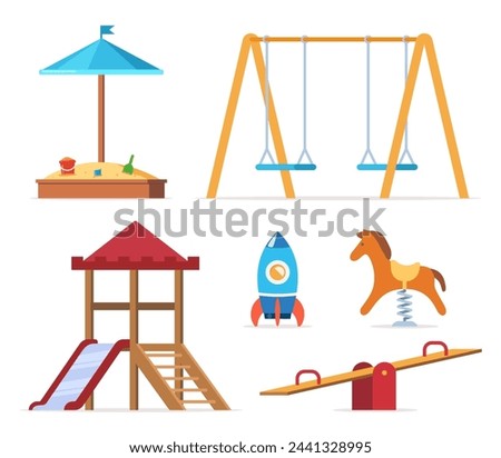 Children's entertainment playground elements. Slide, benches, a sandbox, a swing and a recreation park, toys. Place children games. Vector illustration