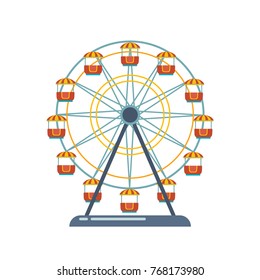 Children's entertainment playground, recreation park. Place for children's games. Funfair with ferris wheel. Amusement and carnival, carousel in park. Amusement park. Vector flat illustration.