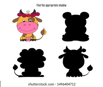 Children's exercises. Find a suitable shade. Find the cow. Vector illustration