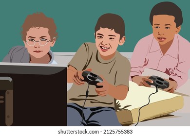 children's expressions when playing video games seen from the front.