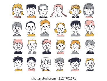  Children's face icon set Comical handwritten person illustration Vector line drawing with simple coloring