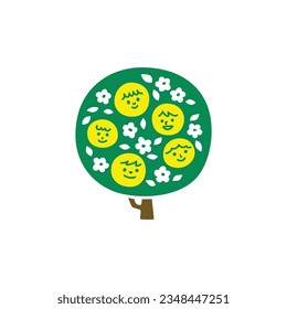 Children's faces on the orange tree, flat vector illustration.