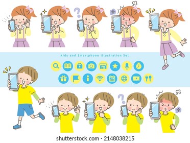 Children's facial expressions set showing the screen of the smartphone