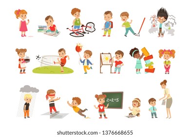 Childrens failures and mistakes set, frustrated kids experiencing their failures vector Illustrations on a white background