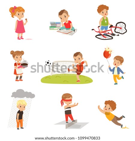 Childrens failures and mistakes set, frustrated kids experiencing their failures vector Illustrations isolated on a white background.