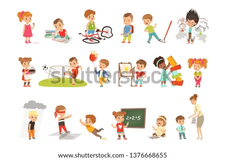 Childrens failures and mistakes set, frustrated kids experiencing their failures vector Illustrations on a white background