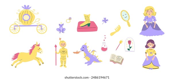 Childrens fairy characters and magic element set. Collection of funny unicorns with princess, castle, knight, dragon, falling star, fairy animal with horn. Fantasy world clipart elements, sticker pack