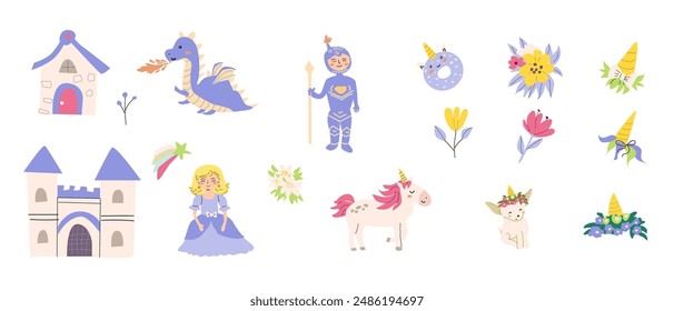 Childrens fairy characters and magic element set. Collection of funny unicorns with princess, castle, knight, dragon, falling star, fairy animal with horn. Fantasy world clipart elements, sticker pack