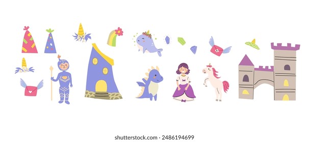 Childrens fairy characters and magic element set. Collection of funny unicorns with princess, castle, knight, dragon, falling star, fairy animal with horn. Fantasy world clipart elements, sticker pack