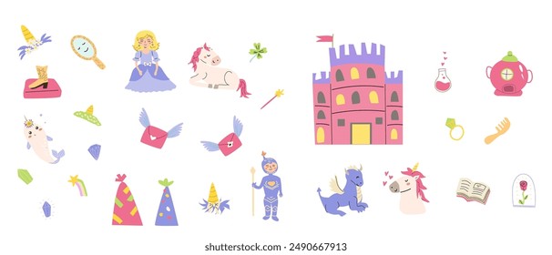 Childrens fairy characters and magic element set. Collection of funny unicorns with princess, castle, knight, dragon, falling star, fairy animal with horn. Fantasy world clipart elements, sticker pack