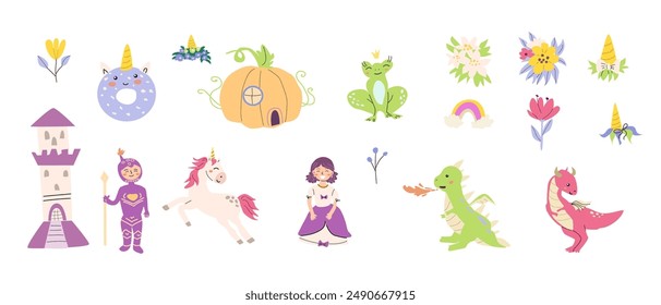 Childrens fairy characters and magic element set. Collection of funny unicorns with princess, castle, knight, dragon, falling star, fairy animal with horn. Fantasy world clipart elements, sticker pack