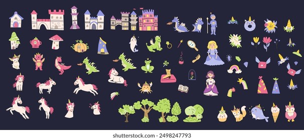 Childrens fairy characters and magic element set. Collection of funny unicorns with princess, castle, knight, dragon, falling star, fairy animal with horn. Fantasy world clipart elements, sticker pack