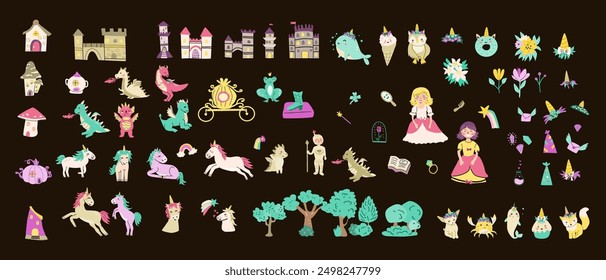 Childrens fairy characters and magic element set. Collection of funny unicorns with princess, castle, knight, dragon, falling star, fairy animal with horn. Fantasy world clipart elements, sticker pack