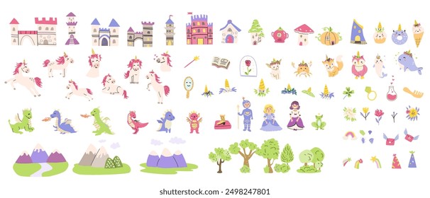 Childrens fairy characters and magic element set. Collection of funny unicorns with princess, castle, knight, dragon, falling star, fairy animal with horn. Fantasy world clipart elements, sticker pack