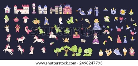 Childrens fairy characters and magic element set. Collection of funny unicorns with princess, castle, knight, dragon, falling star, fairy animal with horn. Fantasy world clipart elements, sticker pack