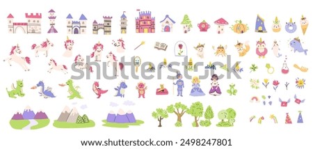 Childrens fairy characters and magic element set. Collection of funny unicorns with princess, castle, knight, dragon, falling star, fairy animal with horn. Fantasy world clipart elements, sticker pack
