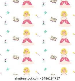 Childrens fairy pattern with princess and castle. Cute fantasy world clipart background. Childish magic pattern with cartoon characters.