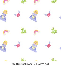 Childrens fairy pattern with princess and castle. Cute fantasy world clipart background. Childish magic pattern with cartoon characters.