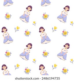 Childrens fairy pattern with princess and castle. Cute fantasy world clipart background. Childish magic pattern with cartoon characters.