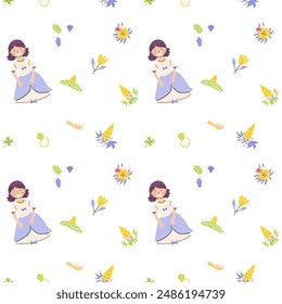 Childrens fairy pattern with princess and castle. Cute fantasy world clipart background. Childish magic pattern with cartoon characters.