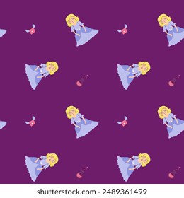 Childrens fairy pattern with princess and castle. Cute fantasy world clipart background. Childish magic pattern with cartoon characters.